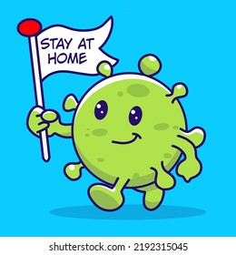 Virus cartoon illustration with flag and text "stay at home". Vector icon illustration.