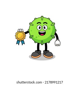 virus cartoon illustration with satisfaction guaranteed medal , character design