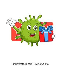 Virus Cartoon Mascot Character Holding Wrapped Gift Boxes Decorated with Blue Ribbon Bow. Cartoon Covid-19.