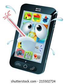 Virus cartoon mobile phone. Cartoon of an unwell sweating mobile phone with a bursting thermometer in its mouth. Could be a broken mobile or one that has a virus or other malware