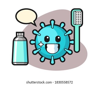 Virus cartoon with a toothbrush