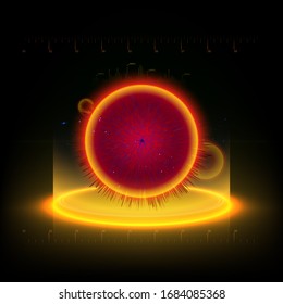 Virus cell analysis on futuristic background in HUD style. Microscopic view of virus cells close up. Virus, allergy bacteria, medical healthcare, microbiology concept.  