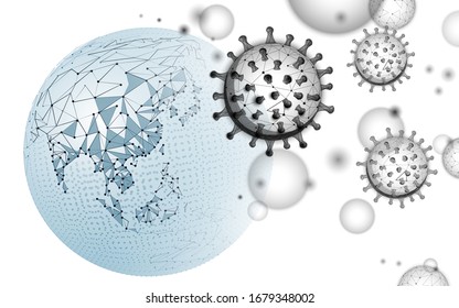 Viruszelle um den Planeten Erde. Infektionspneumonie Präventivmedizin. 3D-Digital-Banner mit Low-Poly-Auflösung. Internationale weltweite Epidemie-Vektorillustration des Coronavirus-Virus