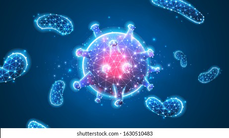 Virus cell. Immunology, new strain epidemic, infection pathogen concept. Abstract polygonal image on blue neon background. Low poly, wireframe digital 3d vector illustration