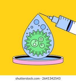 Virus cell inside a water droplet being targeted by a syringe, symbolizing vaccination, virology, or antiviral treatment. Ideal for medical, pharmaceutical cartoon illustration vector design