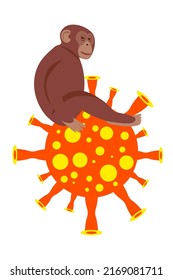 Virus cell with monkey, medical simbolic illustration. Monkey is sitting on the ball - the virus. Monkeypox virus cells on transparent background. Microbiological vector background.