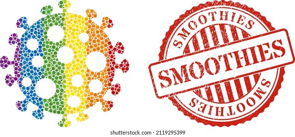 Virus cell mosaic icon of circle spots in different sizes and spectrum colored shades. Red rounded rubber seal imprint with Smoothies message. A dotted LGBT- colored virus cell for lesbians, gays,