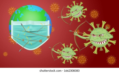 Virus cell with scary and evil face shooting arrow bow to earth for spread. reflecting the attacks. Defender by protective mask. COVID-19, 2019-nCoV. virus disease. Spread the virus.