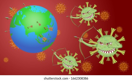 Virus cell with scary and evil face shooting arrow bow to earth for spread. COVID-19, 2019-nCoV. virus disease. Corona Virus Cell. Spread the virus concept.