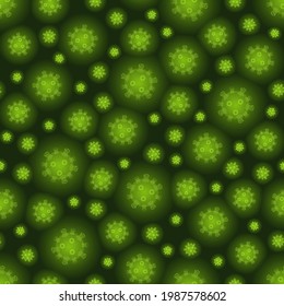 Patrón ininterrumpido de células de virus, moléculas luminosas verdes venenosas sobre fondo oscuro. Coronavirus de cierre, bacterias bajo microscopio. Amenaza biológica, investigación médica, concepto de vector de vacunación.