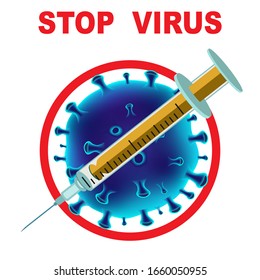 Virus cell with Syringe vector design wtih Stop sign the Coronavirus disease spread of germs Concept