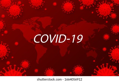 Virus cells around world map on red background with copy space. Covid-19, Coronavirus, 2019-nCoV  . Virus control and protection. Vector illustration