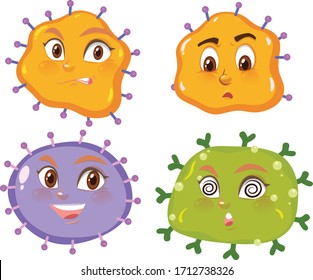 Virus cells with facial expressions on white background illustration