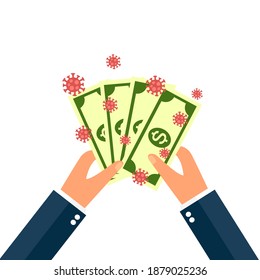 Virus cells or germs on dollar banknotes. Coronavirus transfer by touching money. Virus infection when exchange money.