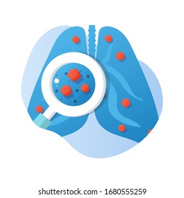 Viruszellen in der Lunge. Infizierte Lungen. Coronavirus, COVID-19. 2019-nCoV  Lungenerkrankung, Lungenentzündung, Asthma, Krebs, Tuberkulose. Menschliche Lungen mit dem Virus unter Mikroskop. Lungeninspektionskonzept. 