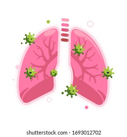 Células de virus en pulmón. Pulmones infectados. Coronavirus, COVID-19.Ilustración vectorial. Aislado sobre fondo blanco. 