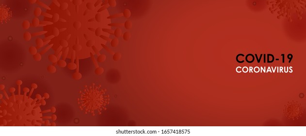 Virus cells on red background with copy space. Banner for pandemic infectious concept. Covid-19, Coronavirus or 2019-nCoV outbreak in Wuhan, China and world wide. Vector illustration.