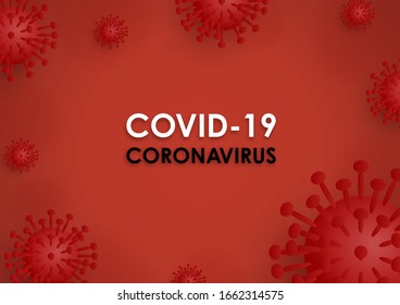 Virus cells on red background with copy space. Covid-19, Coronavirus, 2019-nCoV outbreak in Wuhan, China and world wide. Virus control and protection, pandemic infectious concept. Vector illustration.