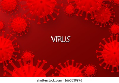 Virus cells on red background with copy space. Covid-19, Coronavirus, 2019-nCoV  . Virus control and protection. Vector illustration