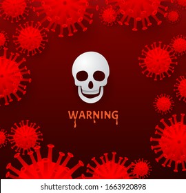 Virus cells on red background with white skull. Covid-19, Coronavirus, 2019-nCoV  . Virus control and protection. Vector illustration