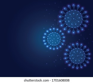 Celdas de virus con polígono en fondo azul, borde. Moderno y futurista modelo de alambre de bajo polietileno vectorial. Ilustración poligonal. 