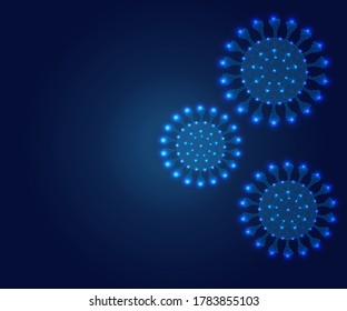 Virus cells with polygon on blue background, border. Modern futuristic wireframe low poly design vector. Polygonal illustration. 