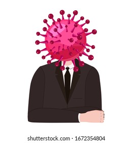 Virus character, human body head virus. Microbe, Pathogen, coronavirus flu germ virus infection bacteriaicon. Irony sarcasm humor. Vector illustration on white background cartoon style