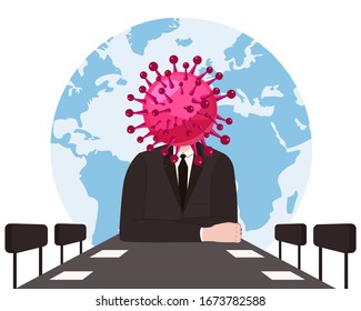 Virus character, human body head virus, leads a meeting at the table. Coronavirus flu germ virus infection bacteriaicon. Irony sarcasm humor. Vector illustration on Earth planet background cartoon