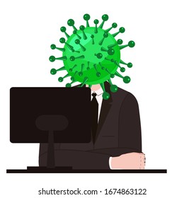Virus character, human body head virus, character witn computer. Microbe, Pathogen, coronavirus flu germ virus infection bacteriaicon. Irony sarcasm humorVector illustration on white background