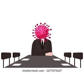 Virus character, human body head virus, leads a meeting at the table. Microbe, Pathogen, coronavirus flu germ virus infection bacteriaicon. Irony sarcasm humor. Vector illustration on white background