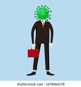 Virus character, human body head virus. character. Microbe, Pathogen, coronavirus flu germ virus infection bacteriaicon. Irony sarcasm humor. Vector illustration on white background cartoon style