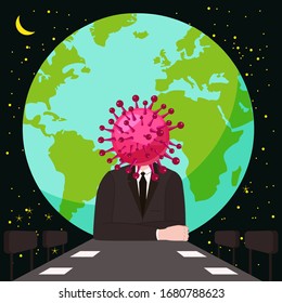 Virus character, human body head virus, leads a meeting at the table. Microbe, Pathogen, coronavirus flu germ virus infection bacteriaicon. Irony sarcasm humor. Vector illustration on Earth planet