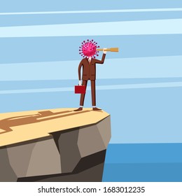 Virus character, human body head virus, standing on the edge of a cliff looking into the spyglass. Microbe, Pathogen, coronavirus flu germ virus infection bacteriaicon. Irony sarcasm humor. Vector