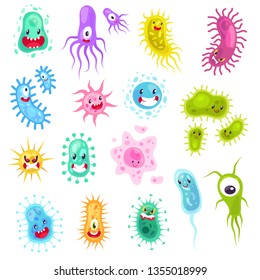 Virus Characters. Funny Cute Monster Viruses Biological Allergy Cancer Microbes Aids Epidemiology Infection Germ Flu Bacteria Cartoon Vector