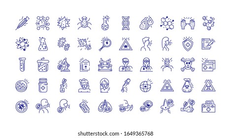 virus, chemistry and health icons set over white background, line detail style, vector illustration