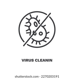 icono de limpieza de virus. Limpieza de virus en línea delgada, icono de casa de la colección de limpieza. Vector de contorno aislado en fondo blanco. El símbolo de limpieza de virus modificable se puede usar web y móvil