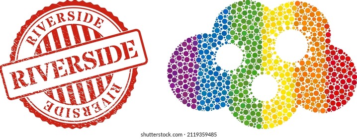Virus cloud collage icon of round dots in variable sizes and rainbow color tones. Red rounded rubber watermark with Riverside title. A dotted LGBT- colored virus cloud for lesbians, gays,