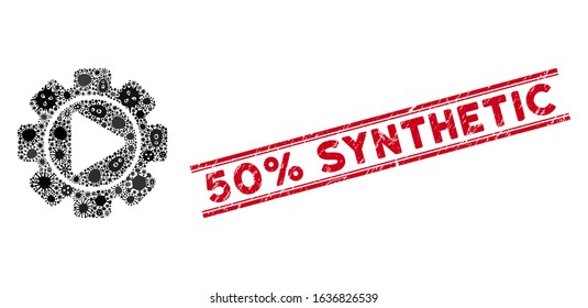 Virus collage automation icon and red 50% Synthetic seal between double parallel lines. Mosaic vector is created with automation icon and with randomized infectious items.