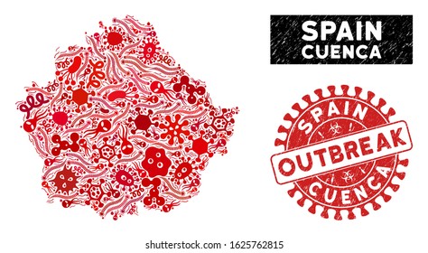 Virus collage Cuenca Province map and red distressed stamp seal with OUTBREAK words. Cuenca Province map collage constructed with random microbe items. Red rounded OUTBREAK stamp with dirty texture.
