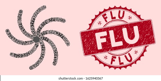 Virus collage galaxy icon and rounded distressed stamp seal with Flu phrase. Mosaic vector is composed with galaxy icon and with randomized microbe cell icons. Flu stamp seal uses red color,