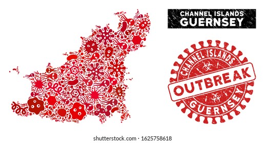 Virus collage Guernsey Island map and red rubber stamp seal with OUTBREAK message. Guernsey Island map collage constructed with randomized infection symbols.