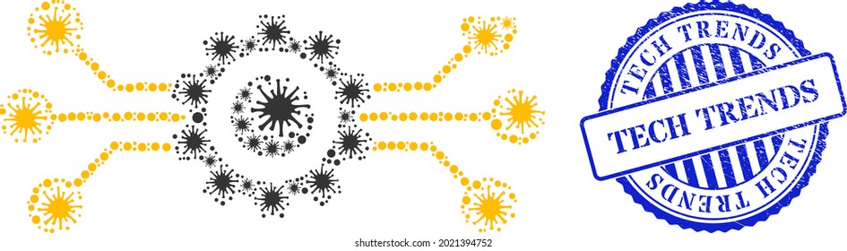 Icono del engranaje de marea negra de colaje de virus y sello de TENDENCIAS TECH de grunge. Mosaico de los engranajes de Hitech para imágenes de ruptura y huella de sello azul redondo. El mosaico vectorial está construido con objetos virulentos al azar.