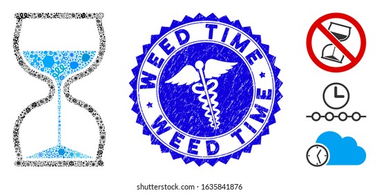 Virus collage hourglass icon and rounded rubber stamp seal with Weed Time caption and health care sign. Mosaic vector is created from hourglass icon and with scattered contagion objects.