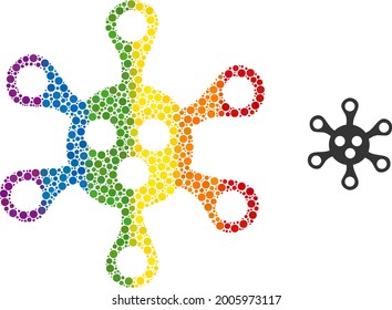 Icono de colage de virus de puntos esféricos en tamaños variables y tonos de color de espectro. Un virus punteado de color LGBT para lesbianas, gays, bisexuales y transgéneros. Icono vector en los colores de la bandera LGBT.