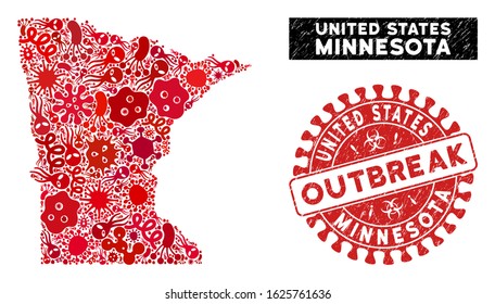 Virus collage Minnesota State map and red distressed stamp seal with OUTBREAK caption. Minnesota State map collage designed with random flu elements.