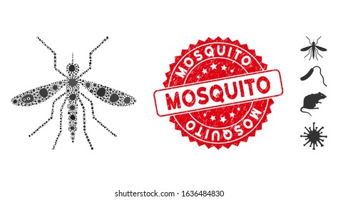 Virus collage mosquito icon and rounded corroded stamp seal with Mosquito phrase. Mosaic vector is composed with mosquito icon and with randomized bacterium icons. Mosquito stamp seal uses red color,