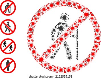 Virus collage no hiking icon, and additional icons. No hiking collage for medical templates. Vector collage is created from scattered virus parts.