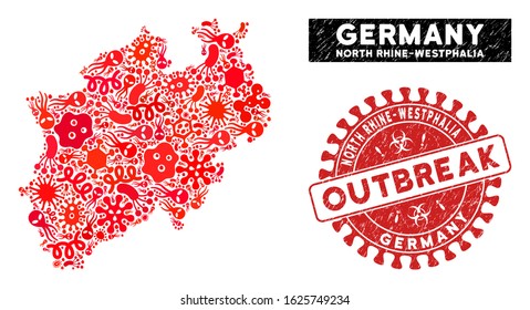 Virus collage North Rhine-Westphalia Land map and red grunge stamp watermark with OUTBREAK words. North Rhine-Westphalia Land map collage designed with random virus items.