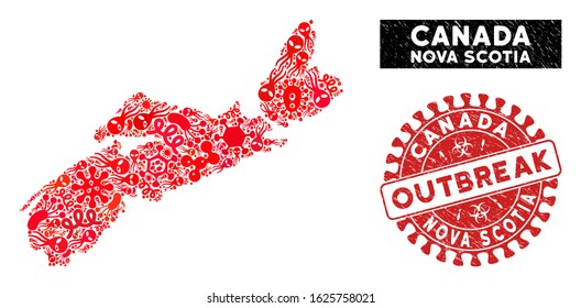 Virus collage Nova Scotia Province map and red corroded stamp watermark with OUTBREAK phrase. Nova Scotia Province map collage constructed with random flu symbols.