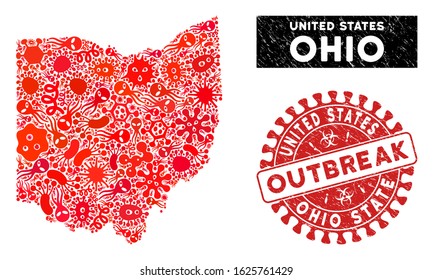 Virus collage Ohio State map and red grunge stamp watermark with OUTBREAK message. Ohio State map collage composed with scattered contagion icons. Red round OUTBREAK stamp with grunge texture.
